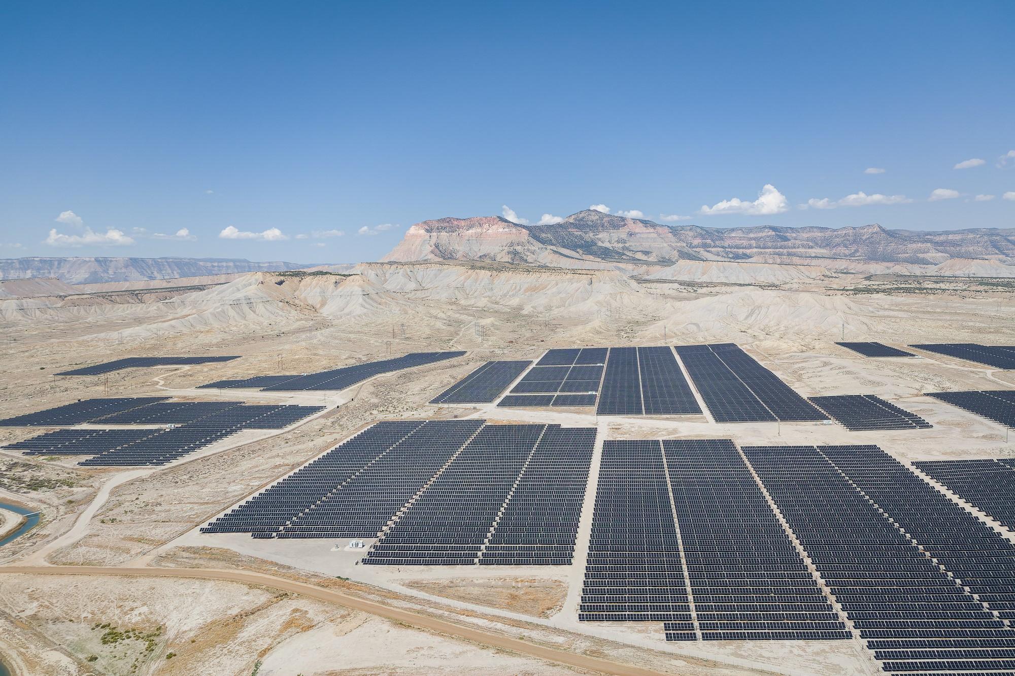 An aerial shot of a solar array