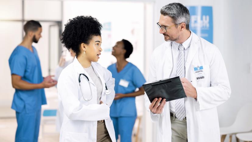 Doctors, nurses and checklist for teamwork, medical results and mentor planning or talking of hospital or clinic schedule.