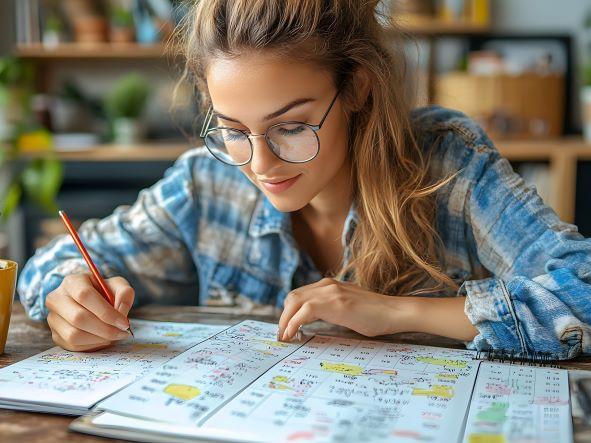 Woman with glasses writing notes into a book