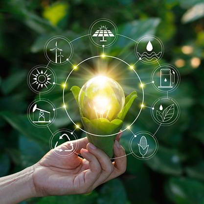 a glowing image of a blossom in a technology bubble in the forest