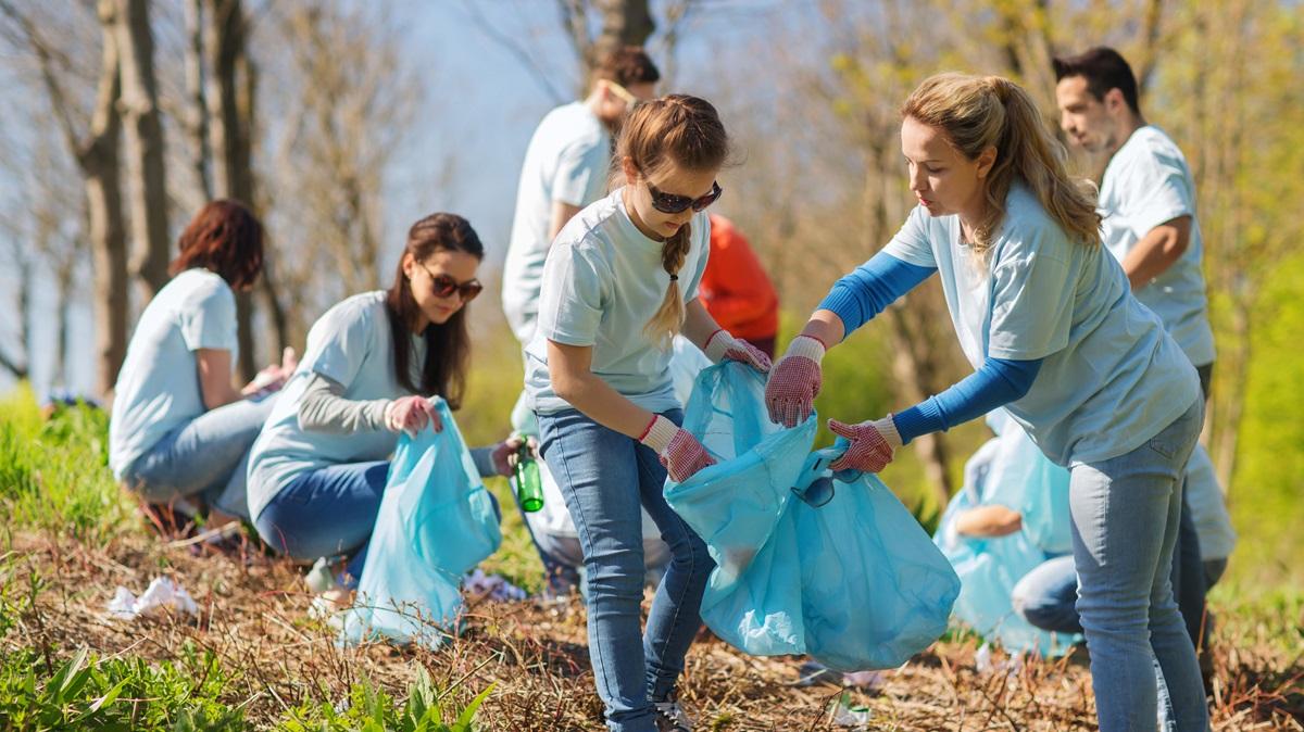 volunteers cleaning up with bags in the  forest