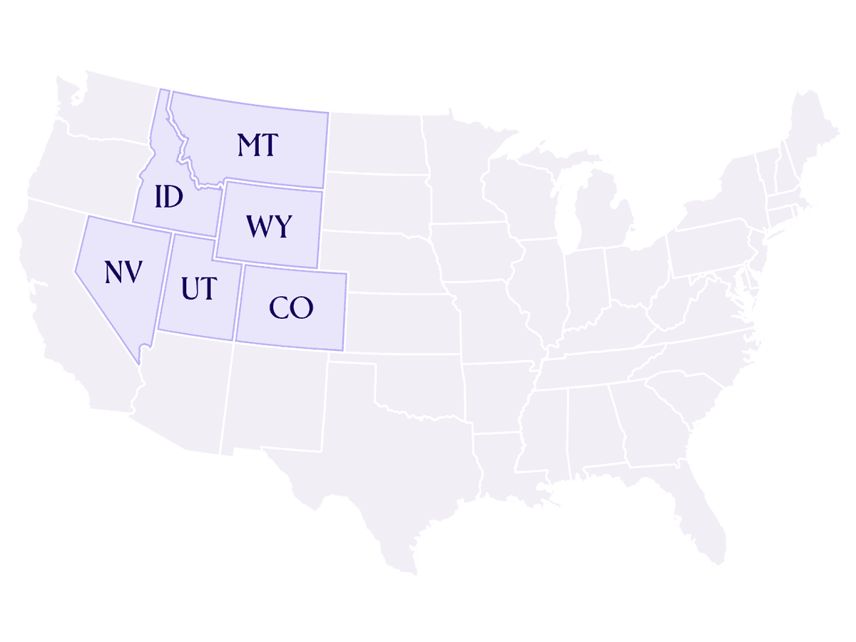 Illustration highlighting the US states where Intermountain Health serves - Utah, Idaho, Montana, Wyoming, Nevada, Colorado